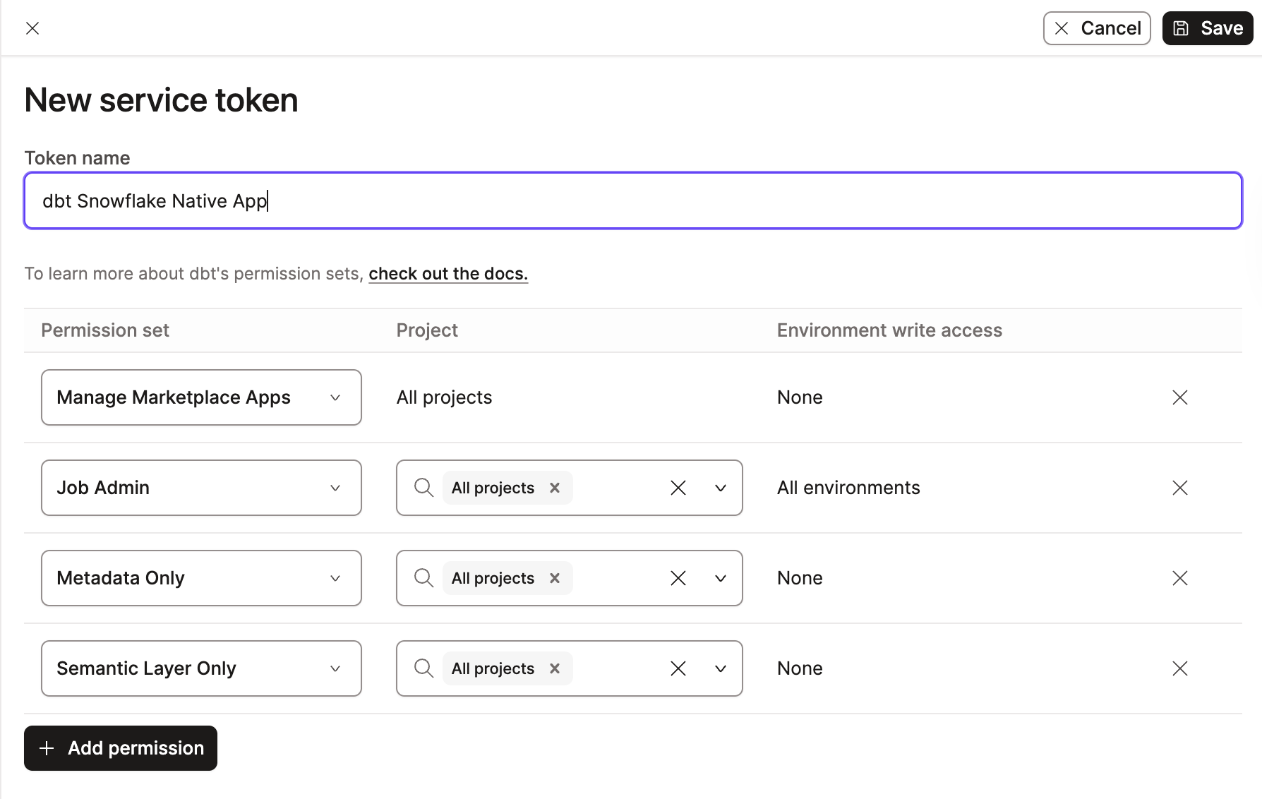 Example of a new service token for the dbt Snowflake Native App Example of a new service token for the dbt Snowflake Native App