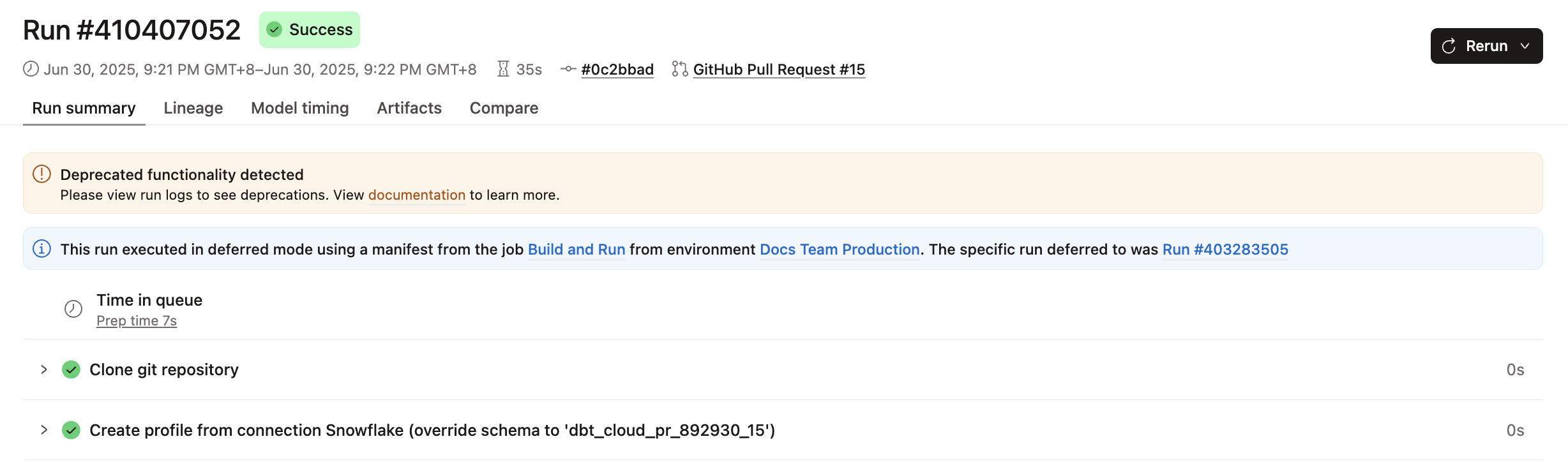 Viewing the temporary schema name for a run triggered by a PR Viewing the temporary schema name for a run triggered by a PR